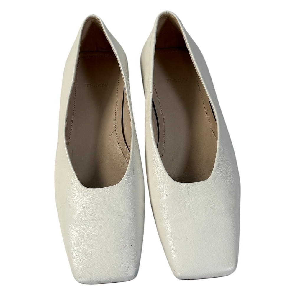 Theory Demeura Nappa Square Toe Leather Ballet Flats Off-White Cream 39 Italy